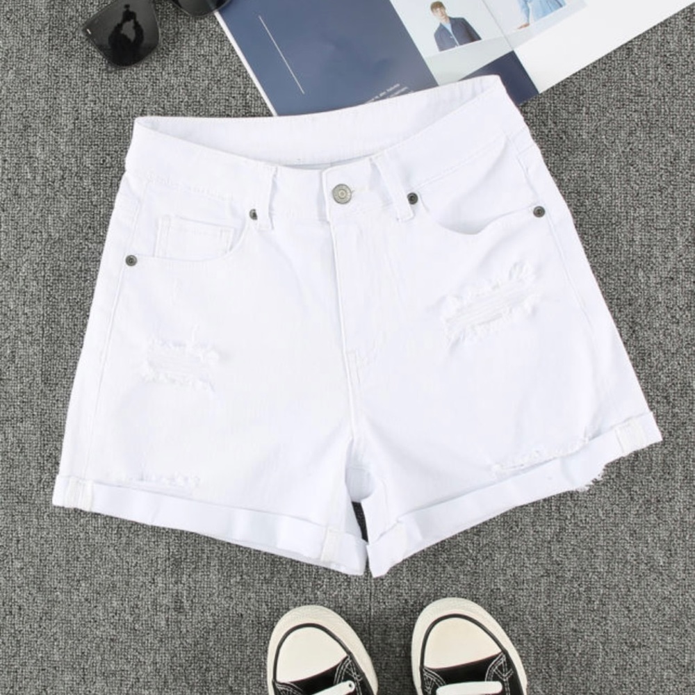 White Rolled—Up High Waist Distressed Denim Shorts - Picture 5 of 9